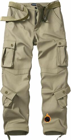 Men's Fleece Lined Camo Hiking Tactical Ripstop Pants Winter Outdoor Work Cargo Pants with 8 Pockets(No Belt) in Kuwait