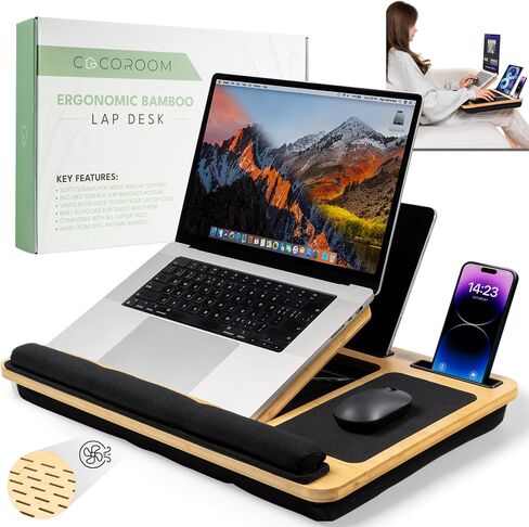 Lap Desk for Laptop – Bed Desk Tray Table with Cushion, 5 Angles, Phone & Tablet Holder, Mouse Pad & Ventilation – Laptop Stand, Lap Table, Couch Desk for 15"-17" Laptops (Black) in Saudi Arabia
