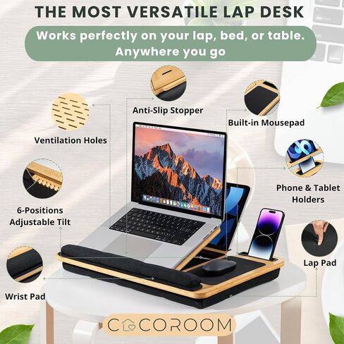 Lap Desk for Laptop – Bed Desk Tray Table with Cushion, 5 Angles, Phone & Tablet Holder, Mouse Pad & Ventilation – Laptop Stand, Lap Table, Couch Desk for 15"-17" Laptops (Black) in Saudi Arabia