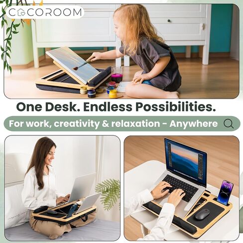 Lap Desk for Laptop – Bed Desk Tray Table with Cushion, 5 Angles, Phone & Tablet Holder, Mouse Pad & Ventilation – Laptop Stand, Lap Table, Couch Desk for 15"-17" Laptops (Black) in Saudi Arabia