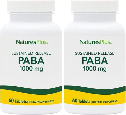 NaturesPlus PABA، إطلاق مستدام (حمض بارا أمينوبنزويك) - 1000 مجم، 60 قرص نباتي - مكمل لدعم صحة الجلد، يعزز إنتاج الطاقة - خالي من الغلوتين - 60 حصة in Saudi Arabia