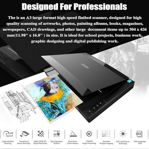 Flatbed Scanner, A3 Flatbed Scanner, Portable Book Scanner, for Graphics and Documents, 2400x2400 Dpi/OCR Text Recognition/Automatic Cropping, for Schools or Offices in Kuwait