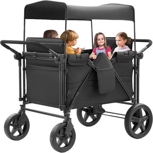 Stroller Wagon for 4 Kids, Wagon Stroller Featuring 4 High Seat with 5-Point Harnesses and Adjustable Canopy, Foldable Double Push Bar Stroller for Garden, Camping (Black) in Saudi Arabia