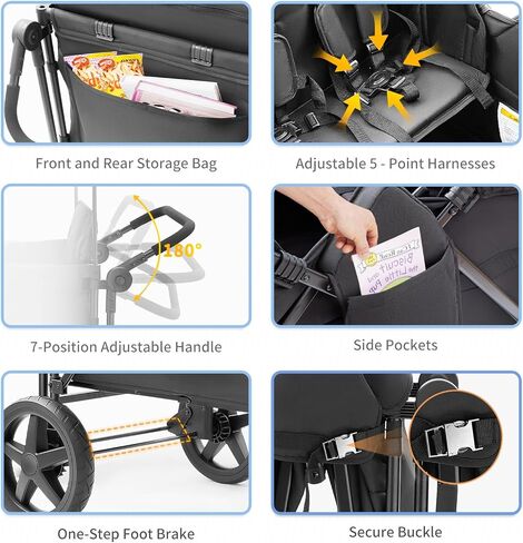 Stroller Wagon for 4 Kids, Wagon Stroller Featuring 4 High Seat with 5-Point Harnesses and Adjustable Canopy, Foldable Double Push Bar Stroller for Garden, Camping (Black) in Saudi Arabia