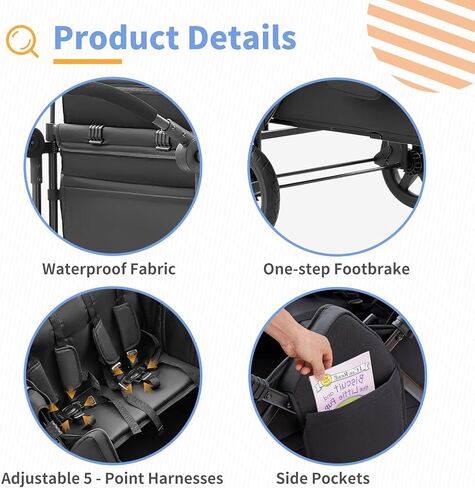 Stroller Wagon for 4 Kids, Wagon Stroller Featuring 4 High Seat with 5-Point Harnesses and Adjustable Canopy, Foldable Double Push Bar Stroller for Garden, Camping (Black) in Saudi Arabia