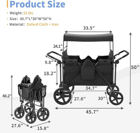 Stroller Wagon for 4 Kids, Wagon Stroller Featuring 4 High Seat with 5-Point Harnesses and Adjustable Canopy, Foldable Double Push Bar Stroller for Garden, Camping (Black) in Saudi Arabia