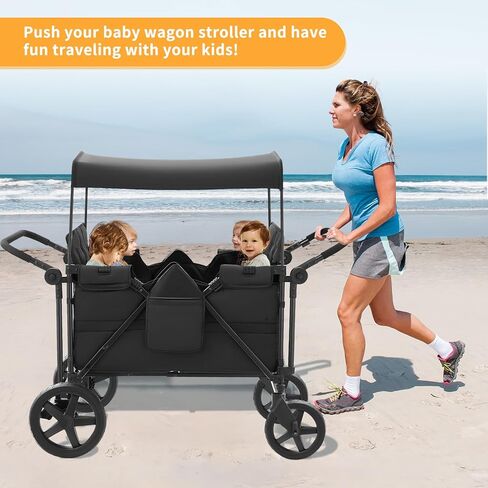 Stroller Wagon for 4 Kids, Wagon Stroller Featuring 4 High Seat with 5-Point Harnesses and Adjustable Canopy, Foldable Double Push Bar Stroller for Garden, Camping (Black) in Saudi Arabia