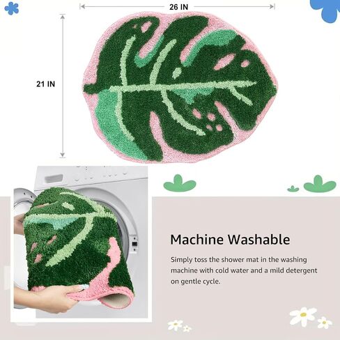 Sisher Monstera Bath Mat Cute Bathroom Rug Non Slip Palm Shaped Plush Fun Area Rug Bathtub Rugs Machine Washable Green and Pink Leaf Mat（21"X26"） in Saudi Arabia