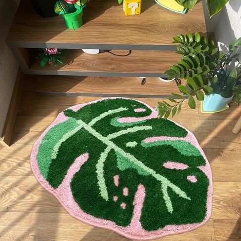 Sisher Monstera Bath Mat Cute Bathroom Rug Non Slip Palm Shaped Plush Fun Area Rug Bathtub Rugs Machine Washable Green and Pink Leaf Mat（21"X26"） in Saudi Arabia