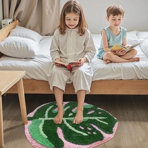 Sisher Monstera Bath Mat Cute Bathroom Rug Non Slip Palm Shaped Plush Fun Area Rug Bathtub Rugs Machine Washable Green and Pink Leaf Mat（21"X26"） in Saudi Arabia