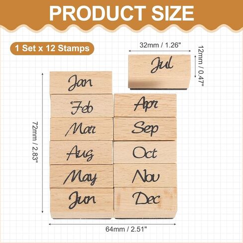 MECCANIXITY Wooden Rubber Stamp Set, 1" x 0.5" x 1" Decorative Wood Rubber Stamps for DIY Crafting Scrapbooking Diary Planner Journals Cards, Pack of 12 (Month Spelling) in Saudi Arabia