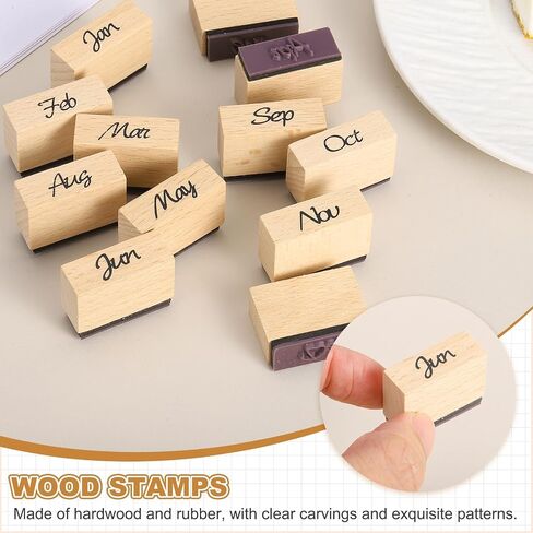 MECCANIXITY Wooden Rubber Stamp Set, 1" x 0.5" x 1" Decorative Wood Rubber Stamps for DIY Crafting Scrapbooking Diary Planner Journals Cards, Pack of 12 (Month Spelling) in Saudi Arabia