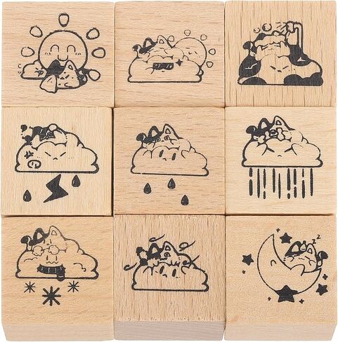 MECCANIXITY Wooden Rubber Stamp Set, 0.8" x 0.8" x 1" Decorative Wood Rubber Stamps for DIY Crafting Scrapbooking Diary Planner Journals Cards, Pack of 9 (Entertaining) in Saudi Arabia