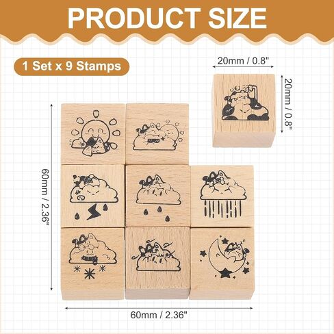 MECCANIXITY Wooden Rubber Stamp Set, 0.8" x 0.8" x 1" Decorative Wood Rubber Stamps for DIY Crafting Scrapbooking Diary Planner Journals Cards, Pack of 9 (Entertaining) in Saudi Arabia