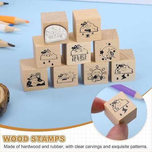 MECCANIXITY Wooden Rubber Stamp Set, 0.8" x 0.8" x 1" Decorative Wood Rubber Stamps for DIY Crafting Scrapbooking Diary Planner Journals Cards, Pack of 9 (Entertaining) in Saudi Arabia