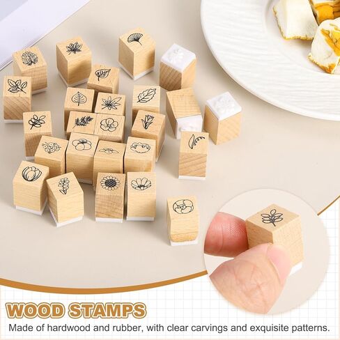 مجموعة طوابع مطاطية خشبية من MECCANIXITY، 0.6 بوصة × 0.6 بوصة × 1 بوصة طوابع مطاطية خشبية مزخرفة لبطاقات يوميات مخطط القصاصات DIY، حزمة من 25 (المزاج) in Kuwait