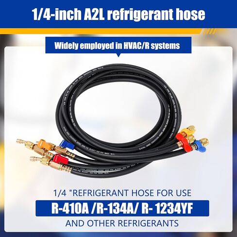 طقم خرطوم التبريد A2L - مقاس 72 بوصة مع صمام كروي وتركيبات نحاسية مقاس 1/4 بوصة، 800-4000 رطل لكل بوصة مربعة - متوافق مع R-1234YF، وR-134a، وR-410A لخدمة التدفئة والتهوية وتكييف الهواء (HVAC) وتكييف السيارات in Kuwait