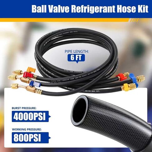 طقم خرطوم التبريد A2L - مقاس 72 بوصة مع صمام كروي وتركيبات نحاسية مقاس 1/4 بوصة، 800-4000 رطل لكل بوصة مربعة - متوافق مع R-1234YF، وR-134a، وR-410A لخدمة التدفئة والتهوية وتكييف الهواء (HVAC) وتكييف السيارات in Kuwait