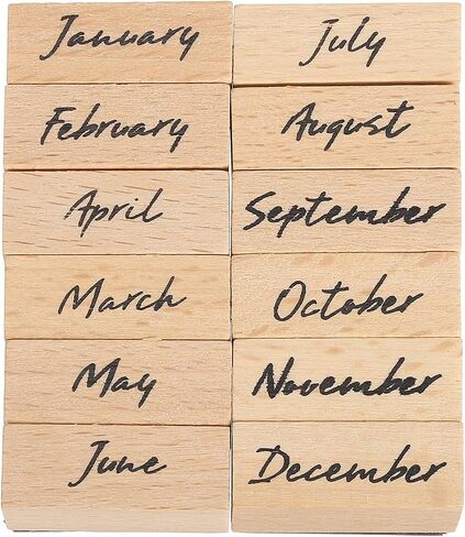 MECCANIXITY Wooden Rubber Stamp Set, 1" x 0.5" x 1" Decorative Wood Rubber Stamps for DIY Crafting Scrapbooking Diary Planner Journals Cards, Pack of 12 (Month Spelling) in Saudi Arabia