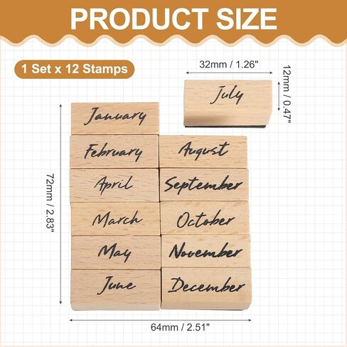 MECCANIXITY Wooden Rubber Stamp Set, 1" x 0.5" x 1" Decorative Wood Rubber Stamps for DIY Crafting Scrapbooking Diary Planner Journals Cards, Pack of 12 (Month Spelling) in Saudi Arabia