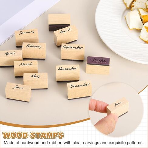MECCANIXITY Wooden Rubber Stamp Set, 1" x 0.5" x 1" Decorative Wood Rubber Stamps for DIY Crafting Scrapbooking Diary Planner Journals Cards, Pack of 12 (Month Spelling) in Saudi Arabia
