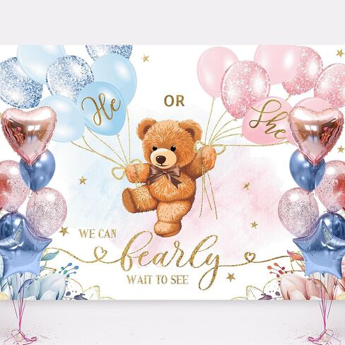 LIGHTINHOME Bear Gender Reveal Backdrop 7Wx5H Feet He or She Pink or Blue Boho Floral We Can Bearly Wait Baby Shower Photography Background Mom-to- be Party Decorations Photo Booth Studio Prop Fabric in Saudi Arabia