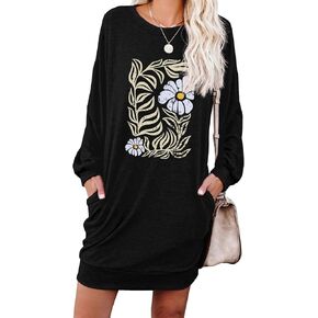 PrinStory Women's Long Sleeves Dresses Causal Loose Round-Neck Tuinc Tops Basic Dress with Side Pockets US Medium FP VG-Beige in Saudi Arabia