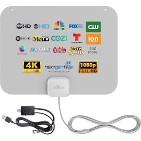 Mohu Leaf Amplified - هوائي تلفزيون داخلي رفيع للغاية، نطاق 60 ميل، Jolt Switch Amp، UHF VHF، متعدد الاتجاهات، 4K UHD، تلفزيون NEXTGEN - مع كابل بطول 12 قدم in Kuwait