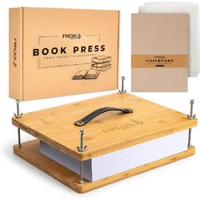 Pressandco Book Press - مكبس تجليد خشبي مقاس 14.6 بوصة × 11.6 بوصة مع مقبض جلدي لتجليد الكتب والإصلاح وإعادة التجليد والحرف الورقية - يتضمن الأدوات: 10 ألواح تجليد وقماش تجليد الكتب in Kuwait