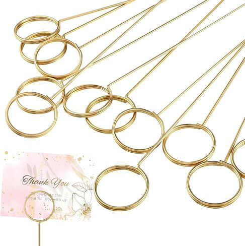 Hotop 30 Pcs Floral Card Holder Pick Metal Wire Flower Place Card Stick 13.4 in Picture Photo Memo Holder Round Floral Gift Stick Clip for Centerpiece Table Wedding Baby Shower Party Favor(Gold) in Kuwait