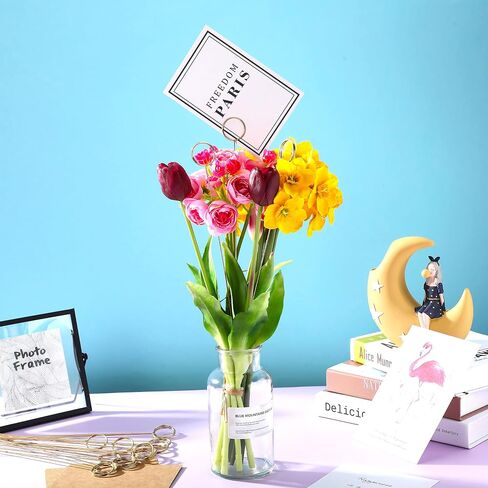 Hotop 30 Pcs Floral Card Holder Pick Metal Wire Flower Place Card Stick 13.4 in Picture Photo Memo Holder Round Floral Gift Stick Clip for Centerpiece Table Wedding Baby Shower Party Favor(Gold) in Kuwait