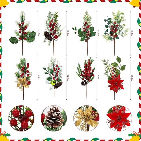 Artificial Christmas Picks, 8Pcs Christmas Sprays Picks with Red Berry Stems Pine Cones Holly Poinsettia, Faux Floral Branches for Xmas Tree Filler Wreath Garland Holiday DIY Crafts Decorations(8) in Saudi Arabia