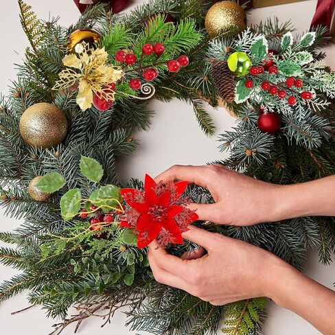 Artificial Christmas Picks, 8Pcs Christmas Sprays Picks with Red Berry Stems Pine Cones Holly Poinsettia, Faux Floral Branches for Xmas Tree Filler Wreath Garland Holiday DIY Crafts Decorations(8) in Saudi Arabia