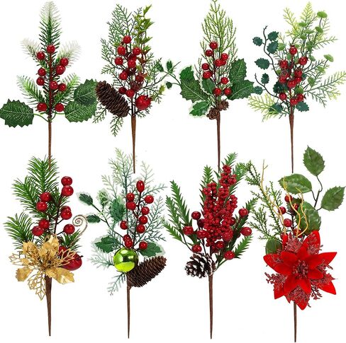 Artificial Christmas Picks, 8Pcs Christmas Sprays Picks with Red Berry Stems Pine Cones Holly Poinsettia, Faux Floral Branches for Xmas Tree Filler Wreath Garland Holiday DIY Crafts Decorations(8) in Saudi Arabia