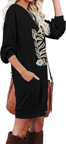 PrinStory Women's Long Sleeves Dresses Causal Loose Round-Neck Tuinc Tops Basic Dress with Side Pockets US Medium FP VG-Beige in Saudi Arabia