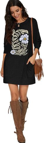 PrinStory Women's Long Sleeves Dresses Causal Loose Round-Neck Tuinc Tops Basic Dress with Side Pockets US Medium FP VG-Beige in Saudi Arabia