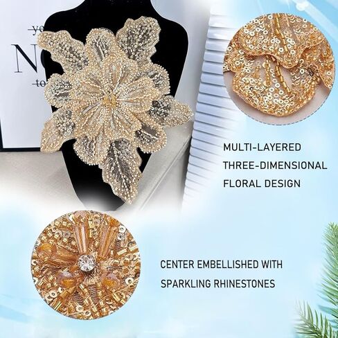 1Pcs Handmade Rhinestones Applique Champagne Large Flower Sequin Beaded Patches Sew on Sequins Crystal Lace Fabric Trim for Wedding Dress Wedding Headwear DIY Decorative Clothes in Kuwait
