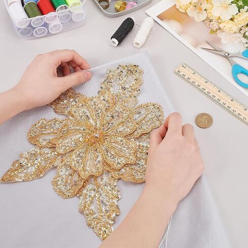 1Pcs Handmade Rhinestones Applique Champagne Large Flower Sequin Beaded Patches Sew on Sequins Crystal Lace Fabric Trim for Wedding Dress Wedding Headwear DIY Decorative Clothes in Kuwait