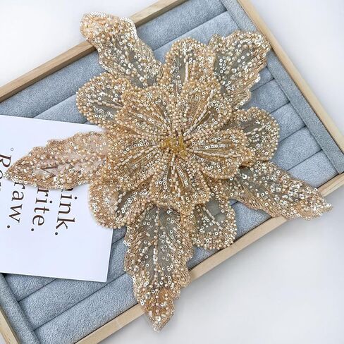 1Pcs Handmade Rhinestones Applique Champagne Large Flower Sequin Beaded Patches Sew on Sequins Crystal Lace Fabric Trim for Wedding Dress Wedding Headwear DIY Decorative Clothes in Kuwait
