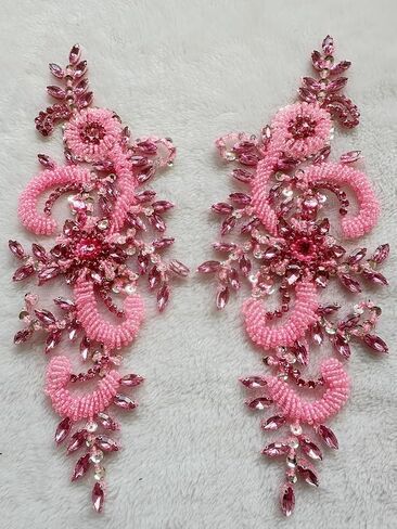 أحجار الراين اليدوية على الدانتيل زين تقليم الخياطة الخرز الترتر تقليم بقع لإكسسوارات فستان الزفاف 1 زوج/حقيبة 4.72 × 11.8 بوصة (أحمر) in Kuwait