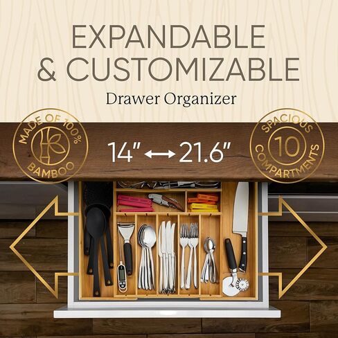 Night Tree Deep Bamboo Drawer Organizer – Expandable Utensil and Silverware Tray for Kitchen Cutlery and Flatware, Large Size (21.6" or 13.7" x 17" x 2.5") in Saudi Arabia