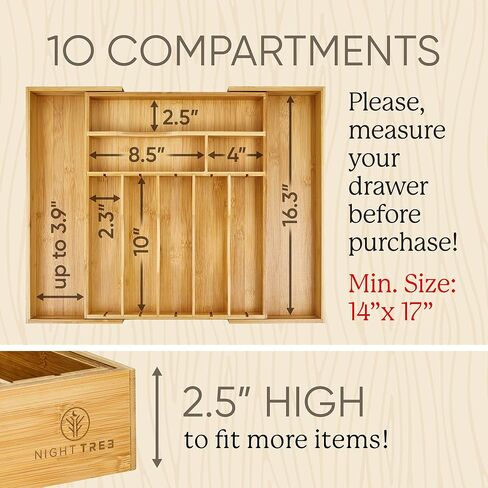 Night Tree Deep Bamboo Drawer Organizer – Expandable Utensil and Silverware Tray for Kitchen Cutlery and Flatware, Large Size (21.6" or 13.7" x 17" x 2.5") in Saudi Arabia