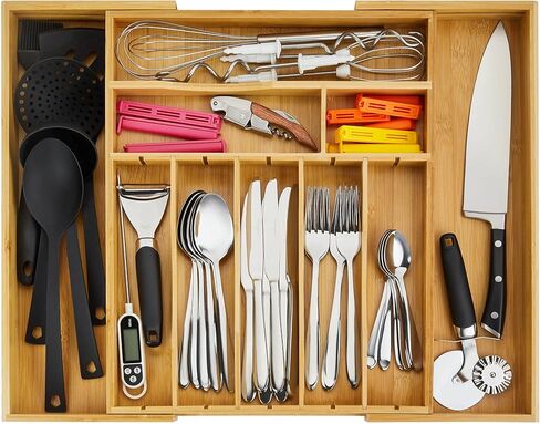 Night Tree Deep Bamboo Drawer Organizer – Expandable Utensil and Silverware Tray for Kitchen Cutlery and Flatware, Large Size (21.6" or 13.7" x 17" x 2.5") in Saudi Arabia