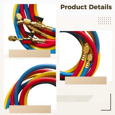 Generic 3 عبوات من خراطيم شحن Hvac مع صمام كروي، ضغط عالي بطول 1.5 متر لـ R410A، R134A، R22، تركيبات نحاسية، خسارة منخفضة in Kuwait
