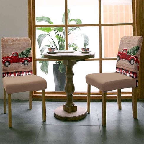 Savannan Merry Christmas Dining Chair Slipcover, Truck Tree Vintage Board Wood Grain Buffalo Check Stretch Covers Removable Parsons Protector for Kitchen Room Banquet Party, Set of 4 Carsan3372 in Kuwait