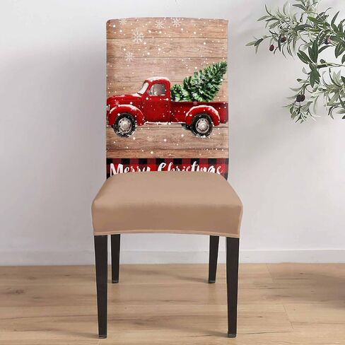Savannan Merry Christmas Dining Chair Slipcover, Truck Tree Vintage Board Wood Grain Buffalo Check Stretch Covers Removable Parsons Protector for Kitchen Room Banquet Party, Set of 4 Carsan3372 in Kuwait