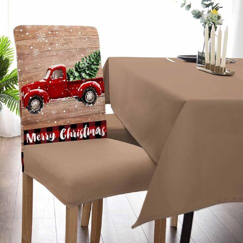 Savannan Merry Christmas Dining Chair Slipcover, Truck Tree Vintage Board Wood Grain Buffalo Check Stretch Covers Removable Parsons Protector for Kitchen Room Banquet Party, Set of 4 Carsan3372 in Kuwait