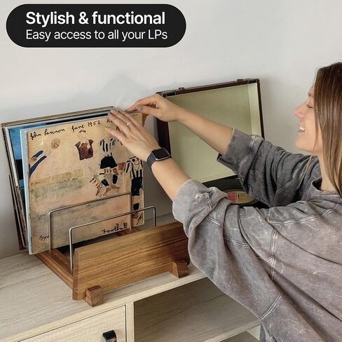 Vinyl Record Storage Holder - Solid Acacia Wood & Metal, Sturdy Record Storage for 50-70 Albums, Elegant Vinyl Holder in Saudi Arabia