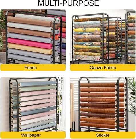 Large Textile Commercial Fabric Roll Storage Rack, Movable Vinyl Paper Organizer with Adjustable Hanging Rods, Heavy Duty Roll File Holder for Leather Rolls/Window Film(Black-8Rod,145cm/57in) in Saudi Arabia