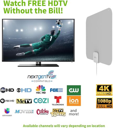 Mohu Leaf Stitch Amplified - هوائي تلفزيون داخلي مسطح، نطاق 60 ميل، Jolt Switch Amp، UHF VHF، متعدد الاتجاهات، 4K UHD، تلفزيون NEXTGEN - مع كابل بطول 12 قدمًا in Saudi Arabia